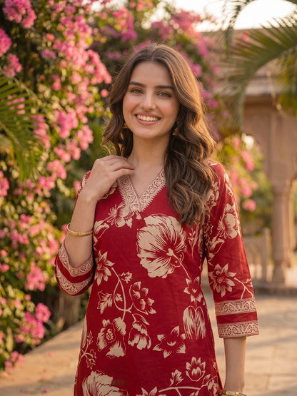 Maroon & White Floral Print Cotton Kurta Set with Palazzo & Dupatta