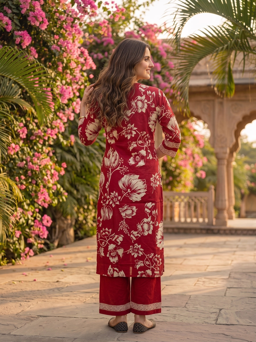 Maroon & White Floral Print Cotton Kurta Set with Palazzo & Dupatta