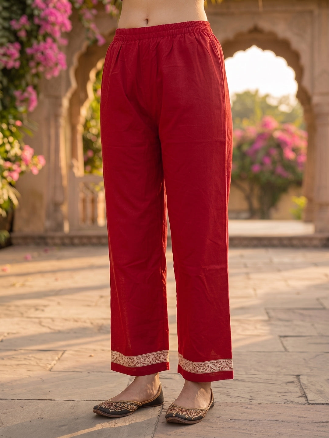 Maroon & White Floral Print Cotton Kurta Set with Palazzo & Dupatta