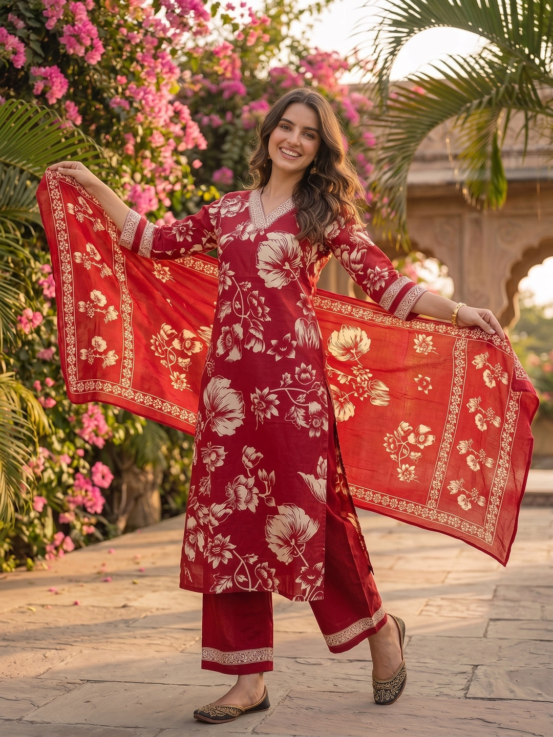 Maroon & White Floral Print Cotton Kurta Set with Palazzo & Dupatta