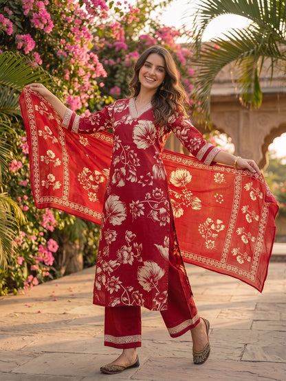 Maroon & White Floral Print Cotton Kurta Set with Palazzo & Dupatta
