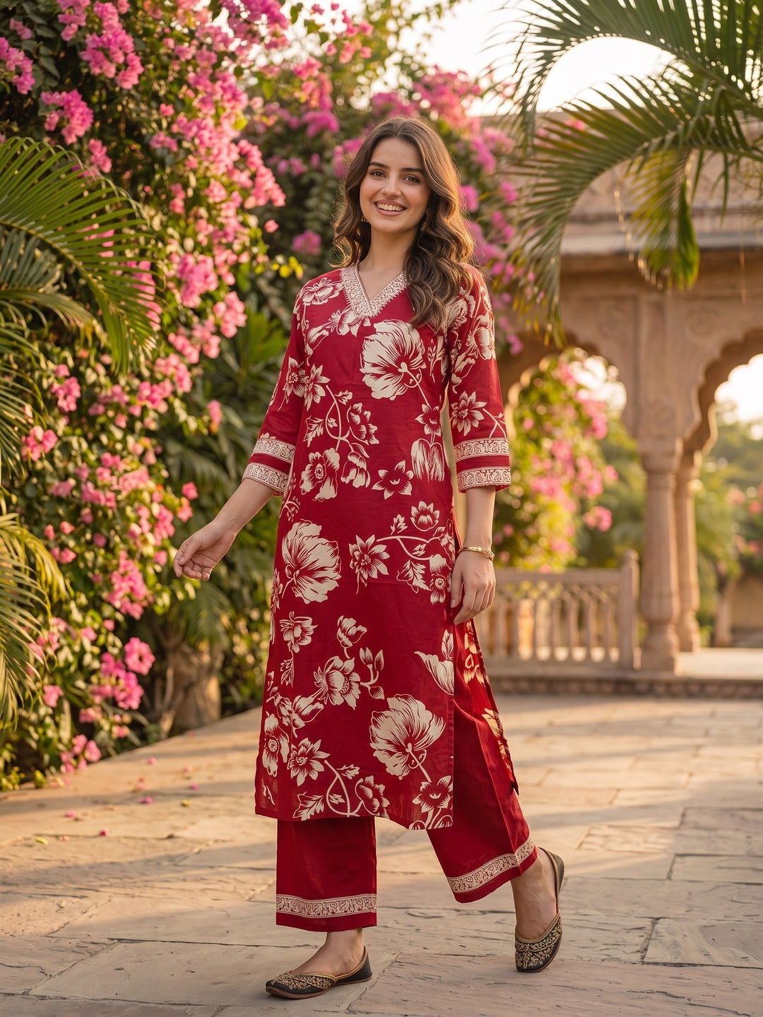 Maroon & White Floral Print Cotton Kurta Set with Palazzo & Dupatta