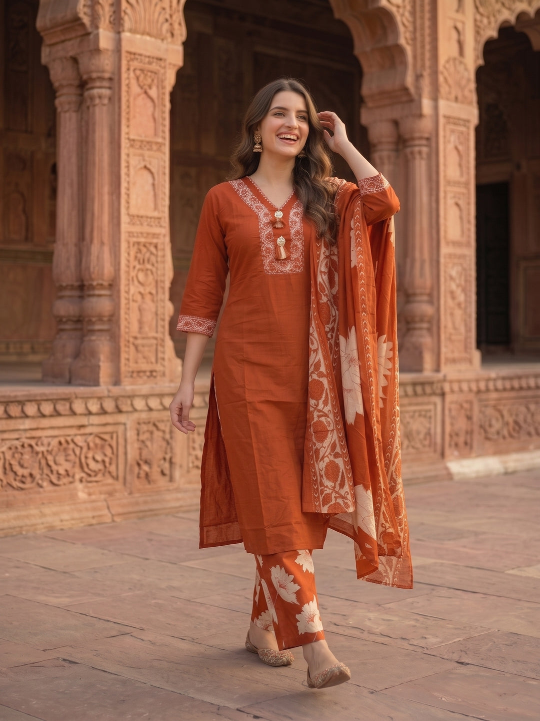Rust Sequin & Print Cotton Kurta and Pant & Dupatta