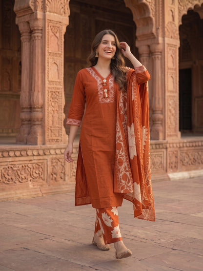 Rust Sequin & Print Cotton Kurta and Pant & Dupatta