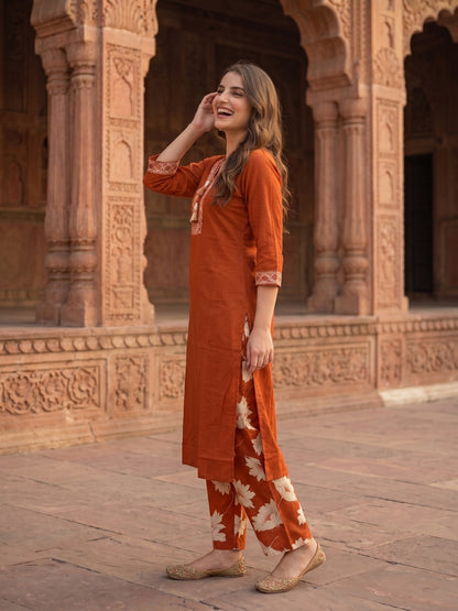 Rust Sequin & Print Cotton Kurta and Pant & Dupatta
