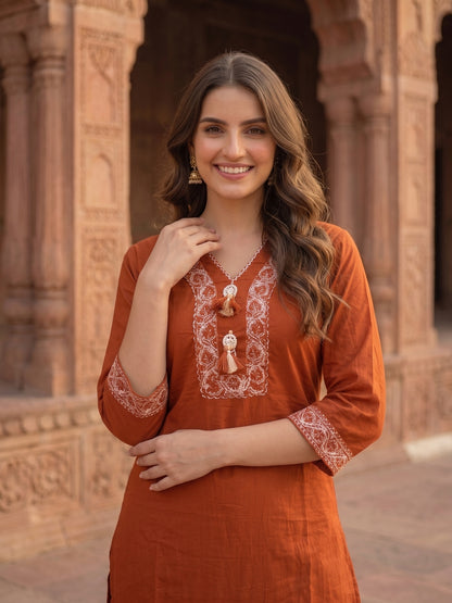 Rust Sequin & Print Cotton Kurta and Pant & Dupatta