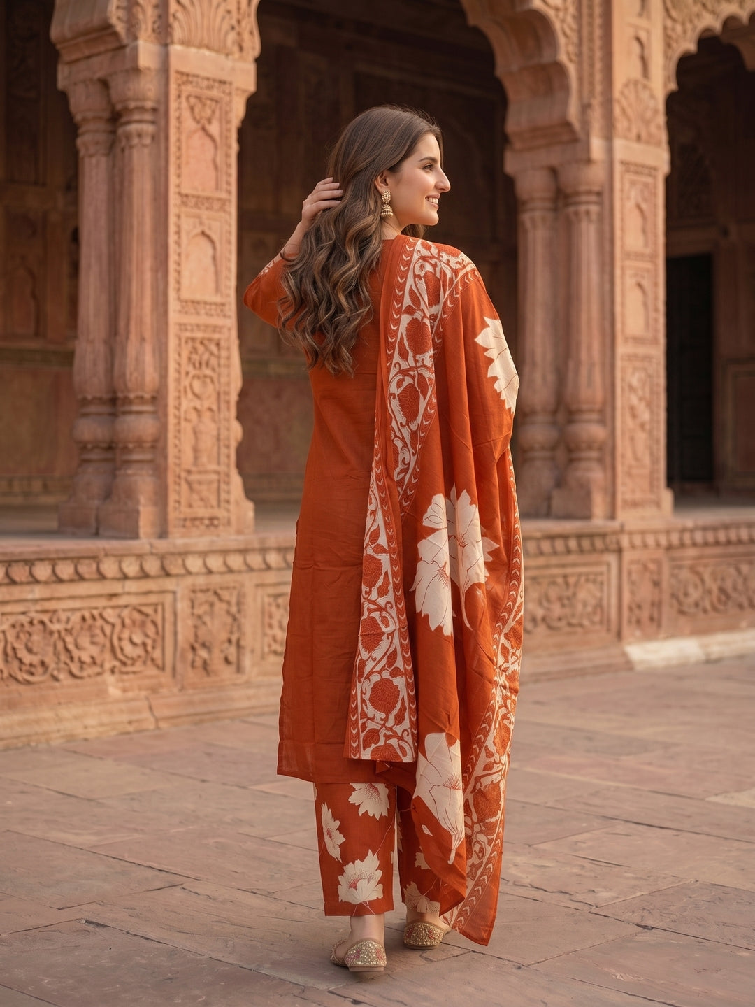 Rust Sequin & Print Cotton Kurta and Pant & Dupatta