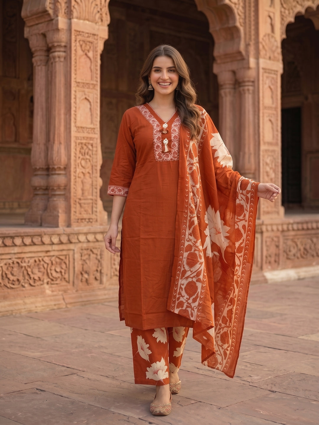 Rust Sequin & Print Cotton Kurta and Pant & Dupatta