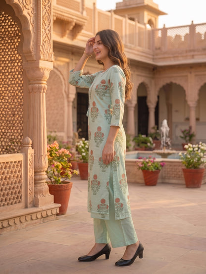 Sea Green Mughal Boota Print Cotton 3-Piece Kurta Set