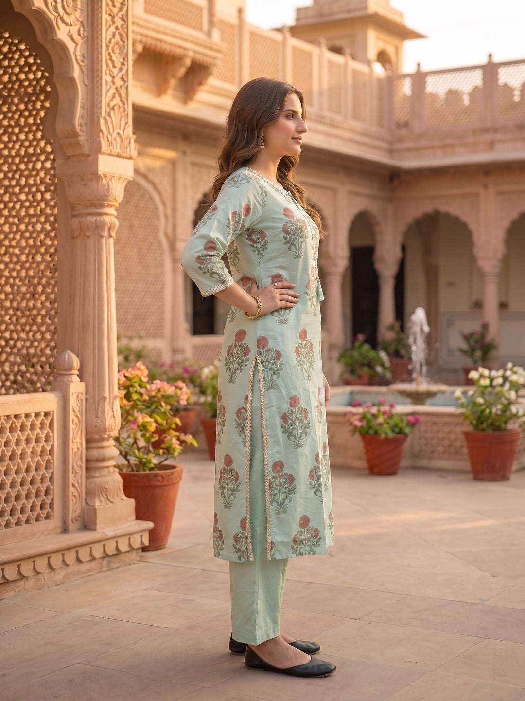 Sea Green Mughal Boota Print Cotton 3-Piece Kurta Set