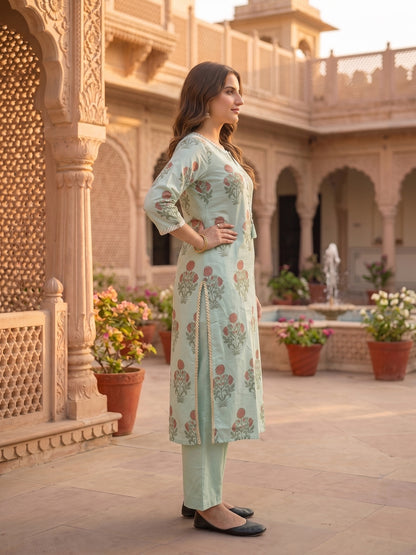 Sea Green Mughal Boota Print Cotton 3-Piece Kurta Set