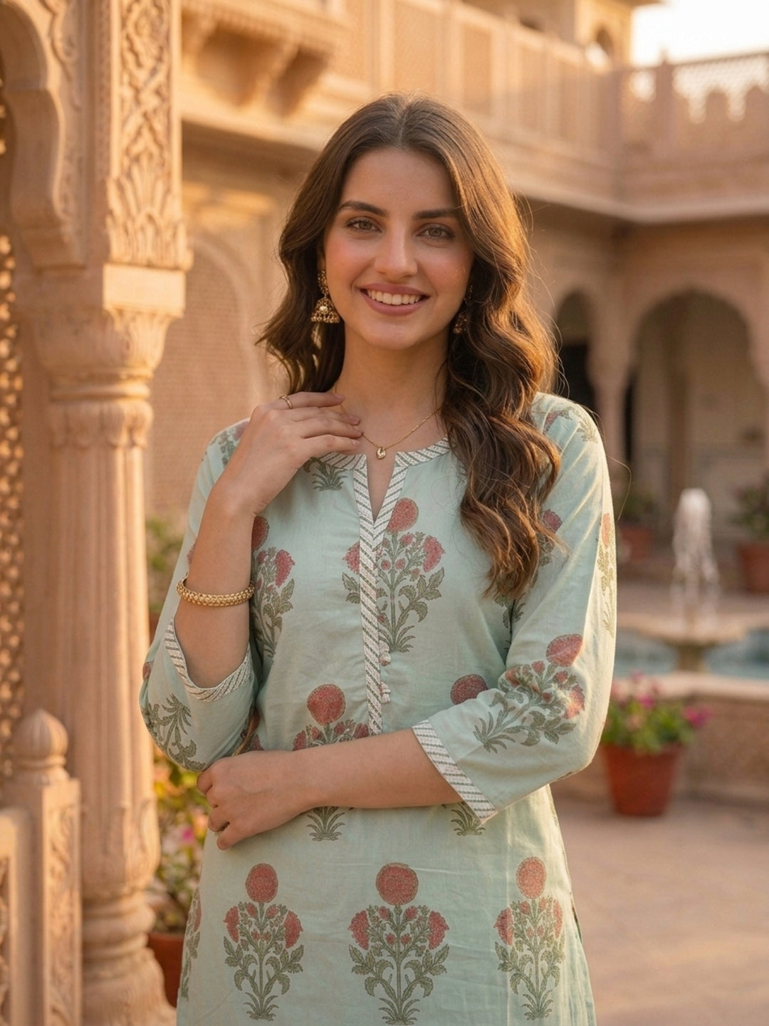 Sea Green Mughal Boota Print Cotton 3-Piece Kurta Set