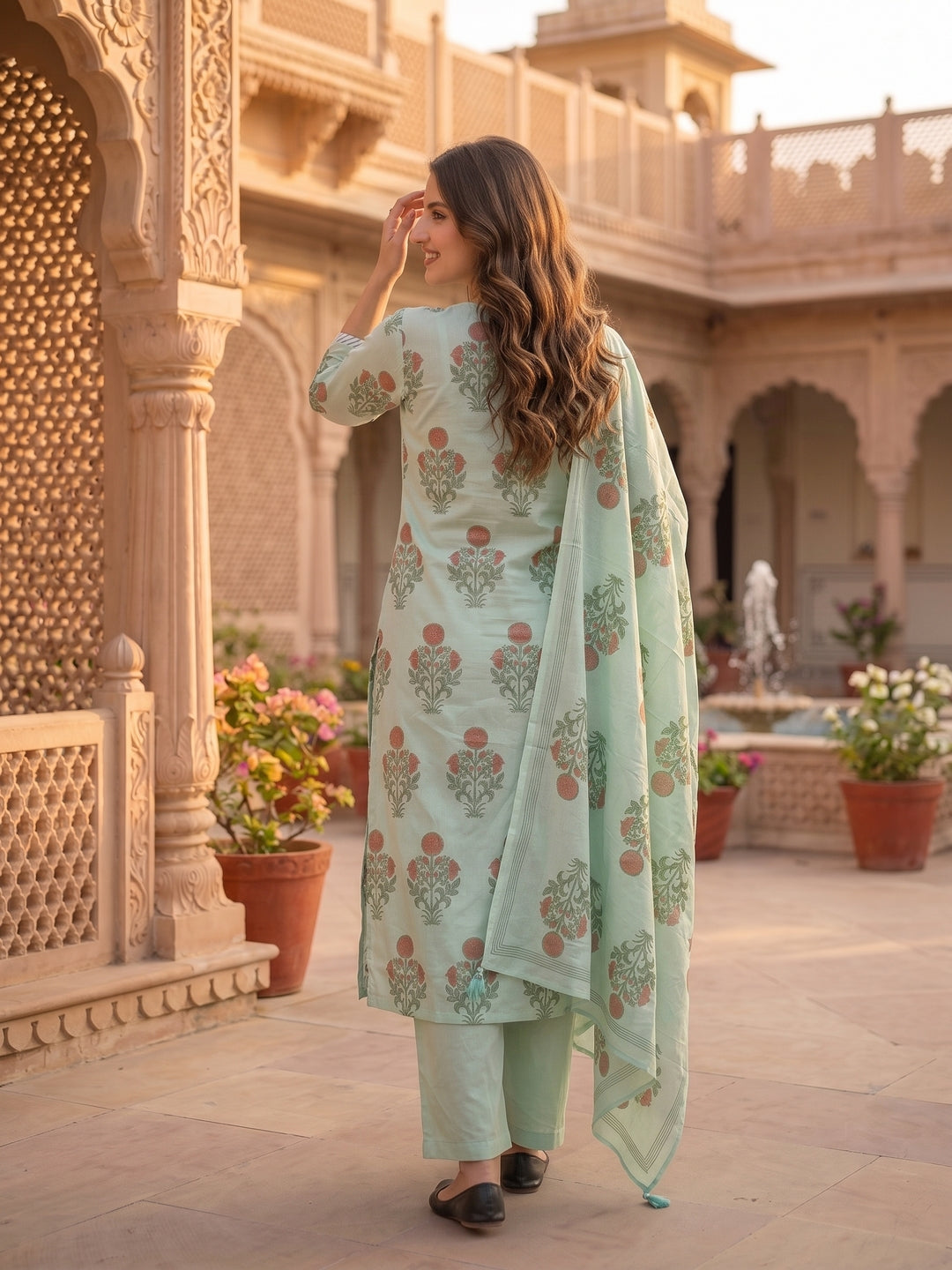 Sea Green Mughal Boota Print Cotton 3-Piece Kurta Set