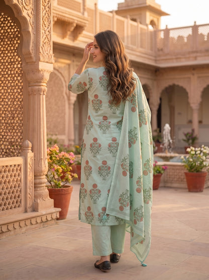 Sea Green Mughal Boota Print Cotton 3-Piece Kurta Set