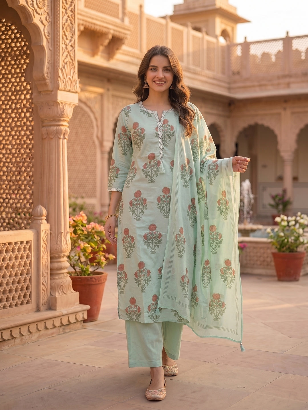 Sea Green Mughal Boota Print Cotton 3-Piece Kurta Set