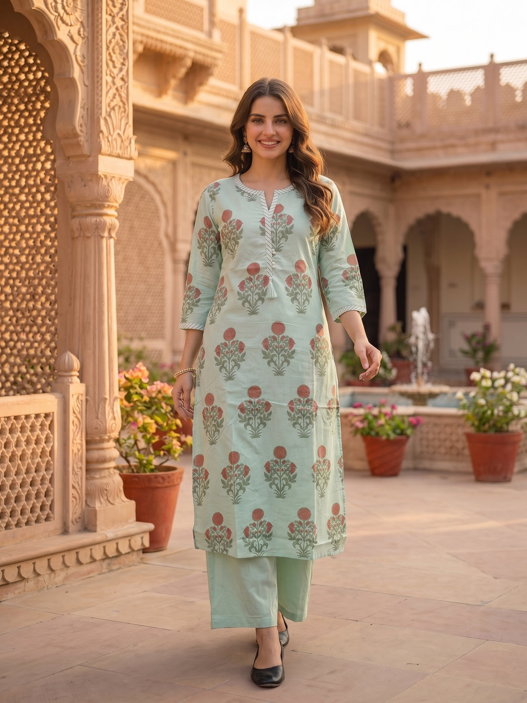 Sea Green Mughal Boota Print Cotton 3-Piece Kurta Set