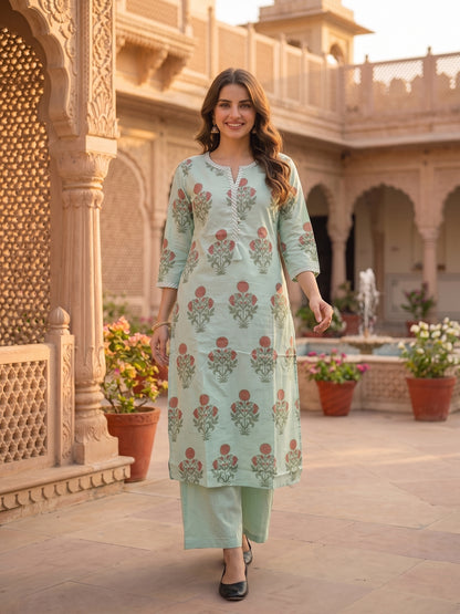 Sea Green Mughal Boota Print Cotton 3-Piece Kurta Set