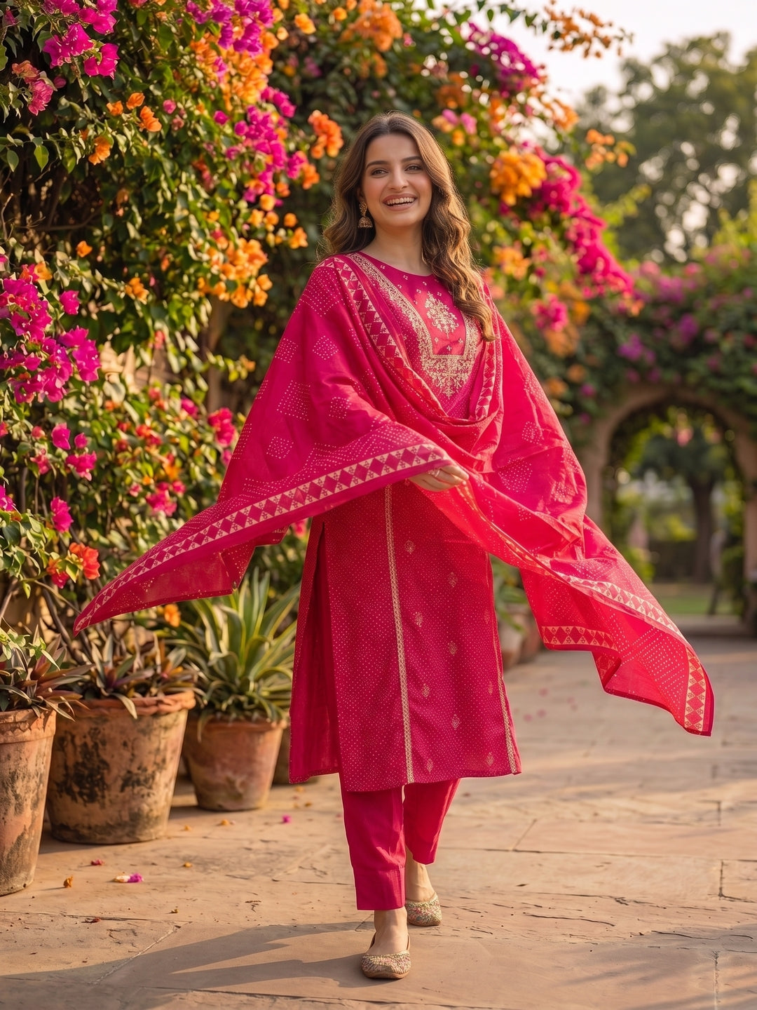Rani Pink Lehariya Print Art Silk Straight Kurta Set with Sequins & Embroidery, Pyjama & Dupatta