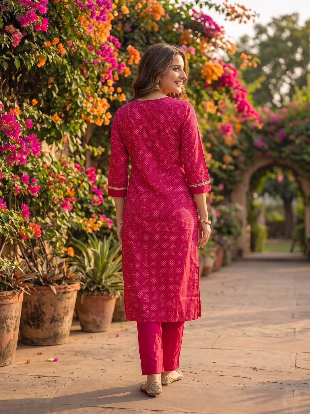 Rani Pink Lehariya Print Art Silk Straight Kurta Set with Sequins & Embroidery, Pyjama & Dupatta