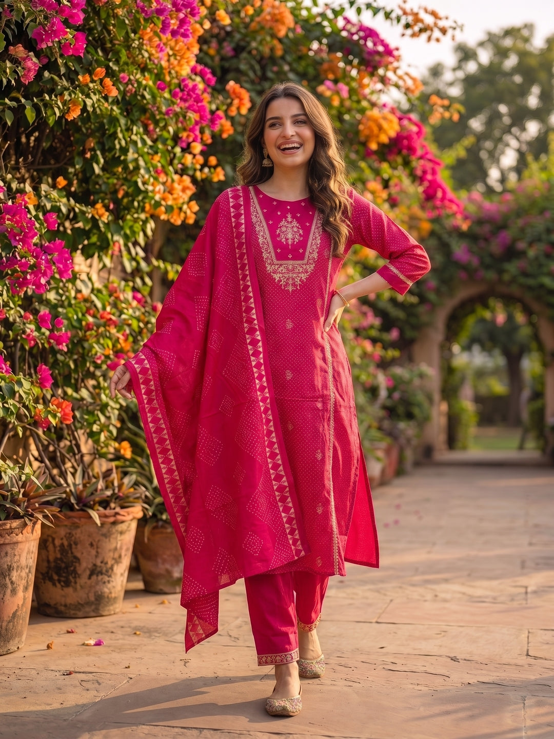 Rani Pink Lehariya Print Art Silk Straight Kurta Set with Sequins & Embroidery, Pyjama & Dupatta
