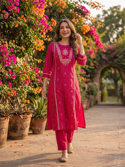 Rani Pink Lehariya Print Art Silk Straight Kurta Set with Sequins & Embroidery, Pyjama & Dupatta
