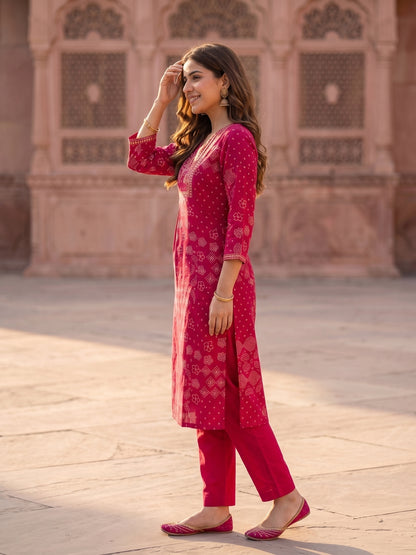 Rani Pink Bandhani Print Cotton Straight Kurta Set with Embroidered Yoke, Pyjama & Dupatta