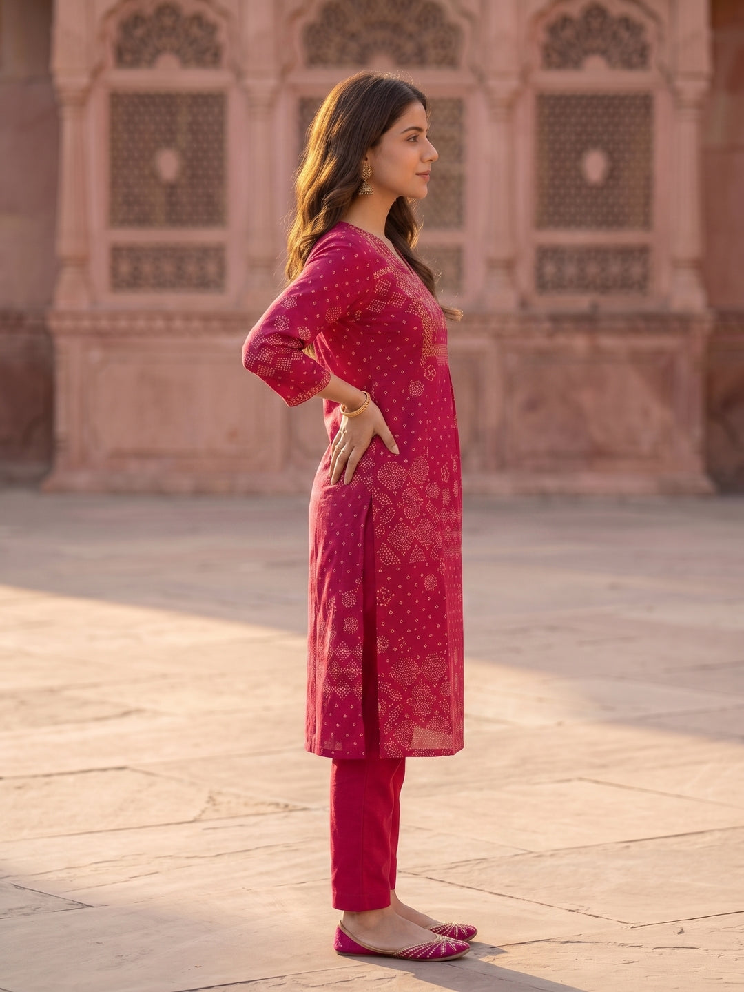 Rani Pink Bandhani Print Cotton Straight Kurta Set with Embroidered Yoke, Pyjama & Dupatta