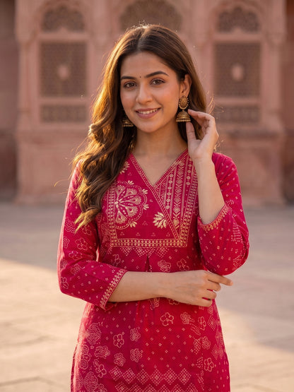 Rani Pink Bandhani Print Cotton Straight Kurta Set with Embroidered Yoke, Pyjama & Dupatta