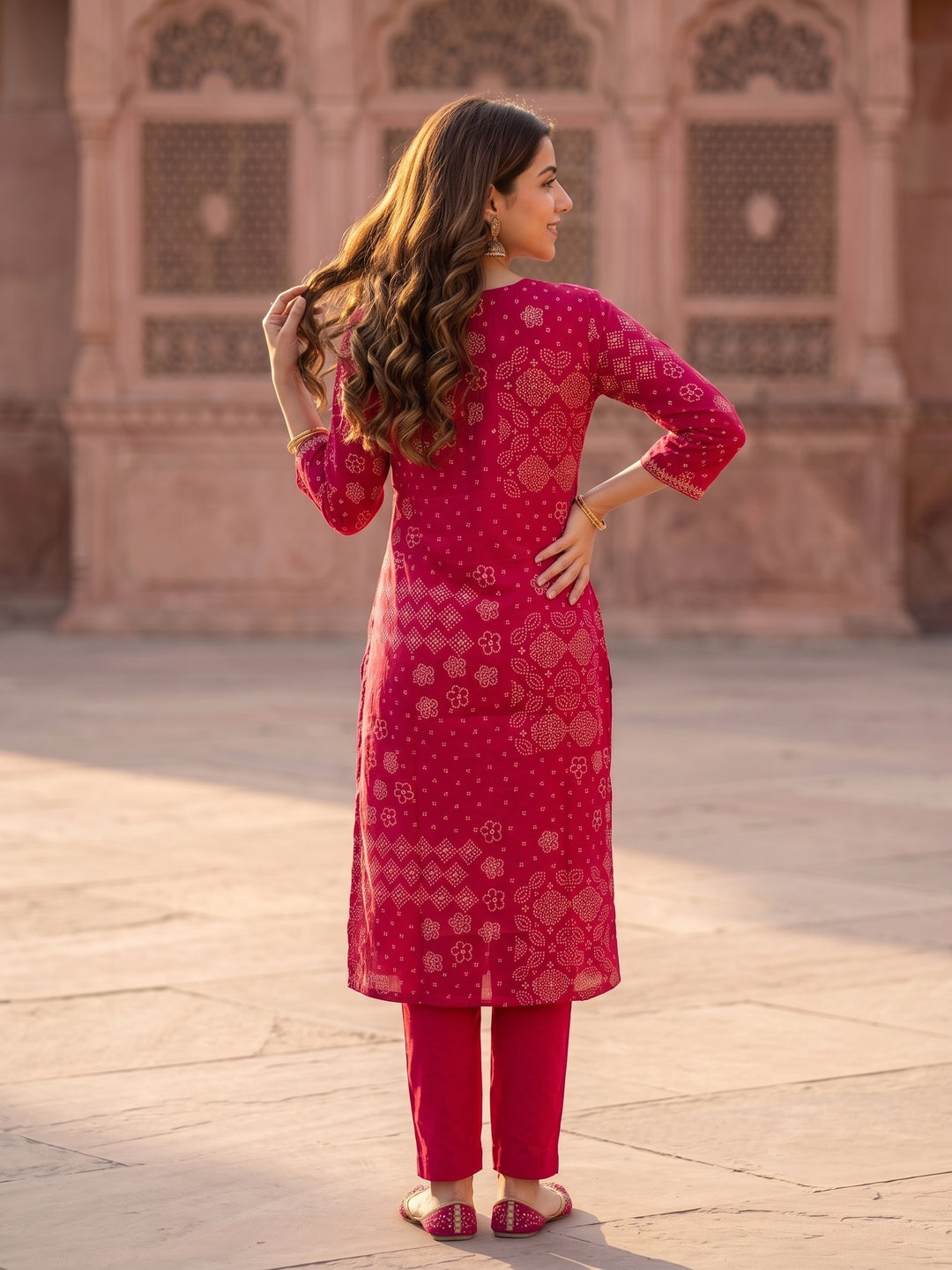 Rani Pink Bandhani Print Cotton Straight Kurta Set with Embroidered Yoke, Pyjama & Dupatta
