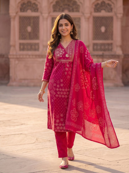 Rani Pink Bandhani Print Cotton Straight Kurta Set with Embroidered Yoke, Pyjama & Dupatta
