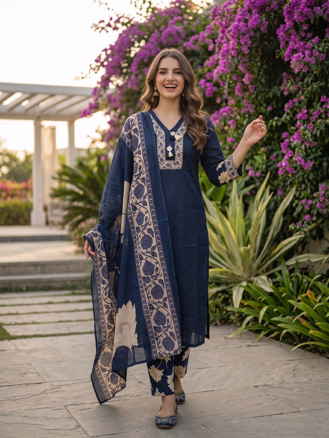Solid Straight Kurta with Palazzo & Dupatta - Navy Blue