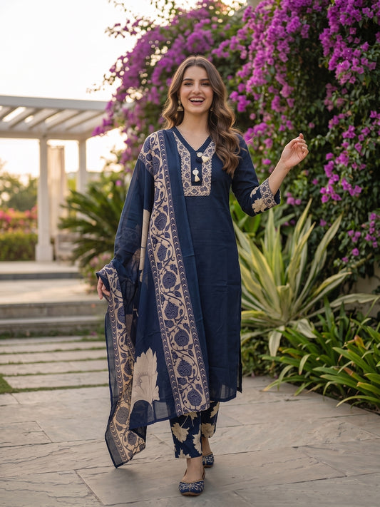 Solid Straight Kurta with Palazzo & Dupatta - Navy Blue