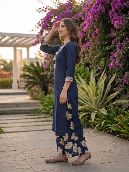 Solid Straight Kurta with Palazzo & Dupatta - Navy Blue