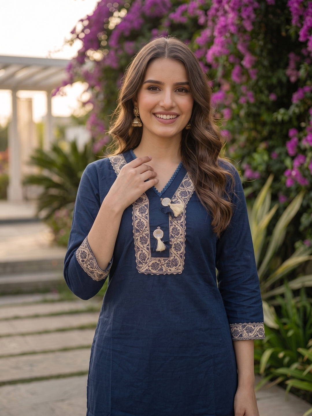 Solid Straight Kurta with Palazzo & Dupatta - Navy Blue
