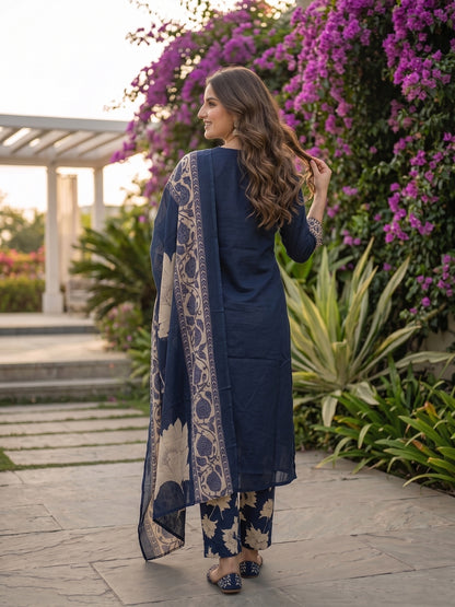 Solid Straight Kurta with Palazzo & Dupatta - Navy Blue