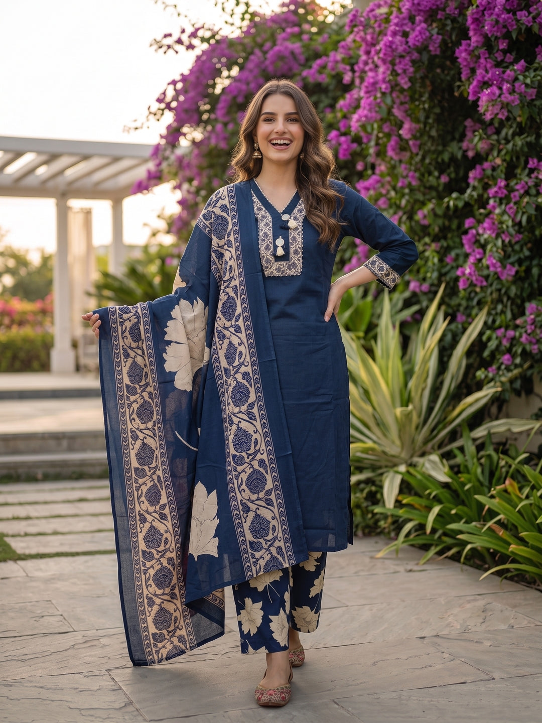 Solid Straight Kurta with Palazzo & Dupatta - Navy Blue