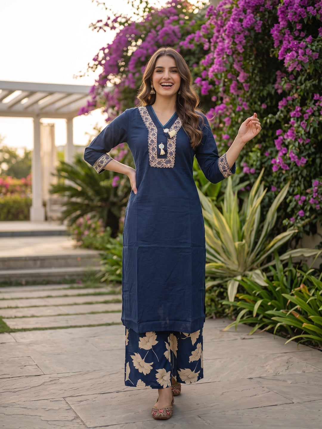 Solid Straight Kurta with Palazzo & Dupatta - Navy Blue