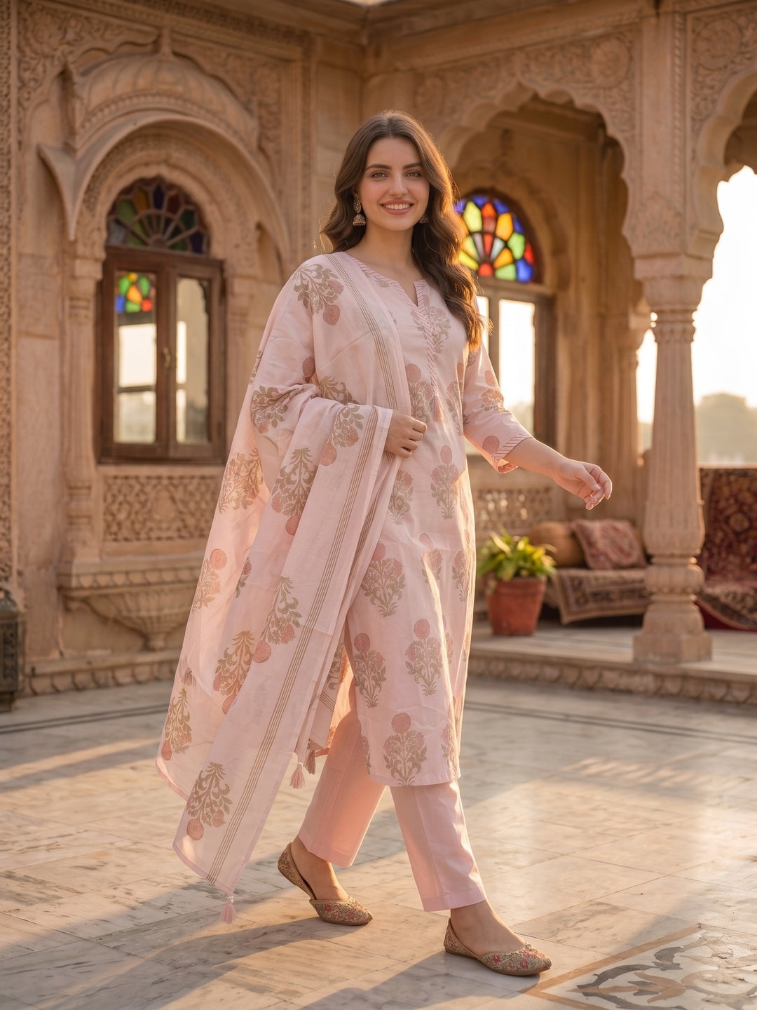 Pastel Pink Mughal Boota Print Cotton Kurta Set with Palazzo & Dupatta