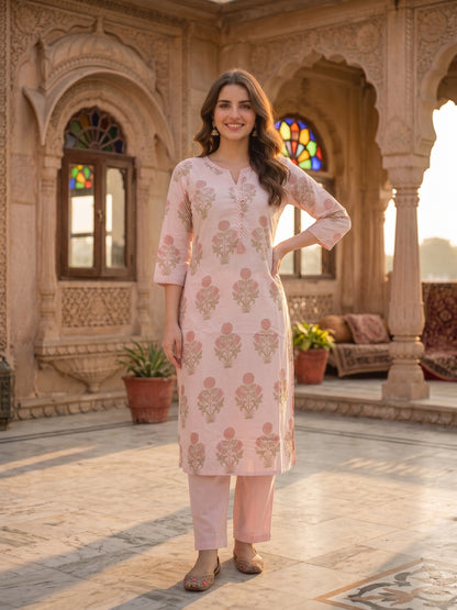 Pastel Pink Mughal Boota Print Cotton Kurta Set with Palazzo & Dupatta
