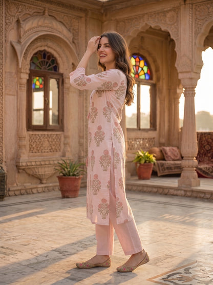 Pastel Pink Mughal Boota Print Cotton Kurta Set with Palazzo & Dupatta