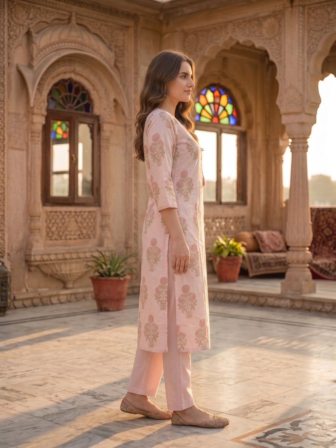 Pastel Pink Mughal Boota Print Cotton Kurta Set with Palazzo & Dupatta