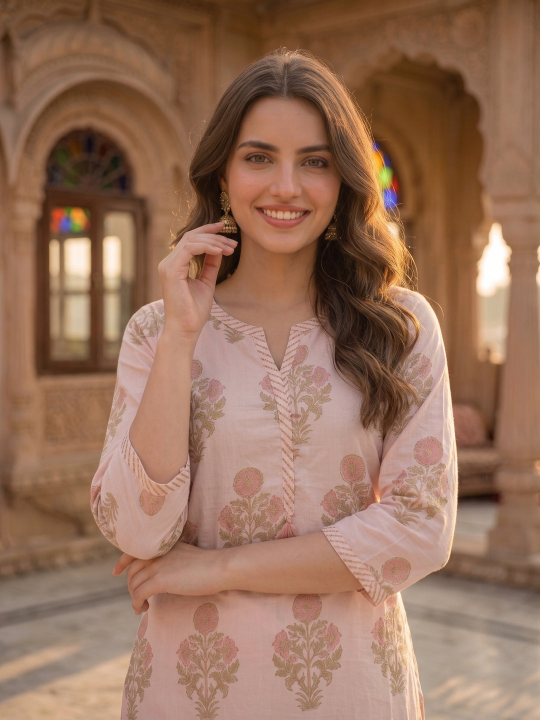 Pastel Pink Mughal Boota Print Cotton Kurta Set with Palazzo & Dupatta