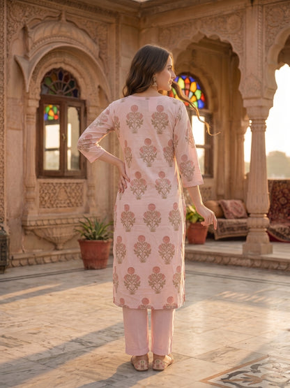 Pastel Pink Mughal Boota Print Cotton Kurta Set with Palazzo & Dupatta