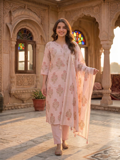 Pastel Pink Mughal Boota Print Cotton Kurta Set with Palazzo & Dupatta
