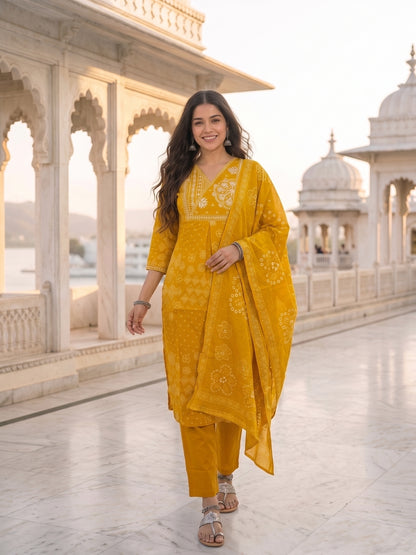 Mustard Cotton Bandhani Print Embroidered Kurta Set with Pyjamas & Dupatta