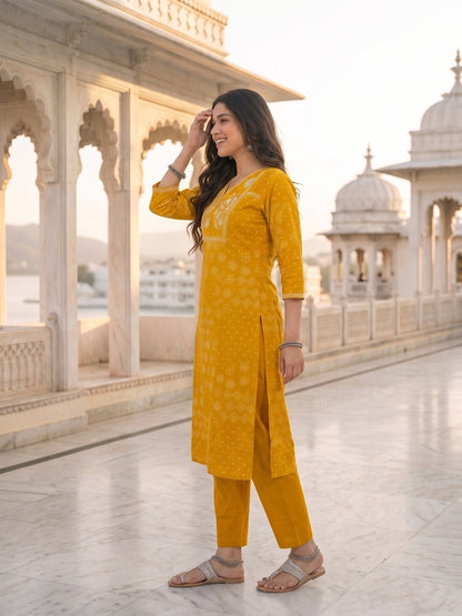 Mustard Cotton Bandhani Print Embroidered Kurta Set with Pyjamas & Dupatta