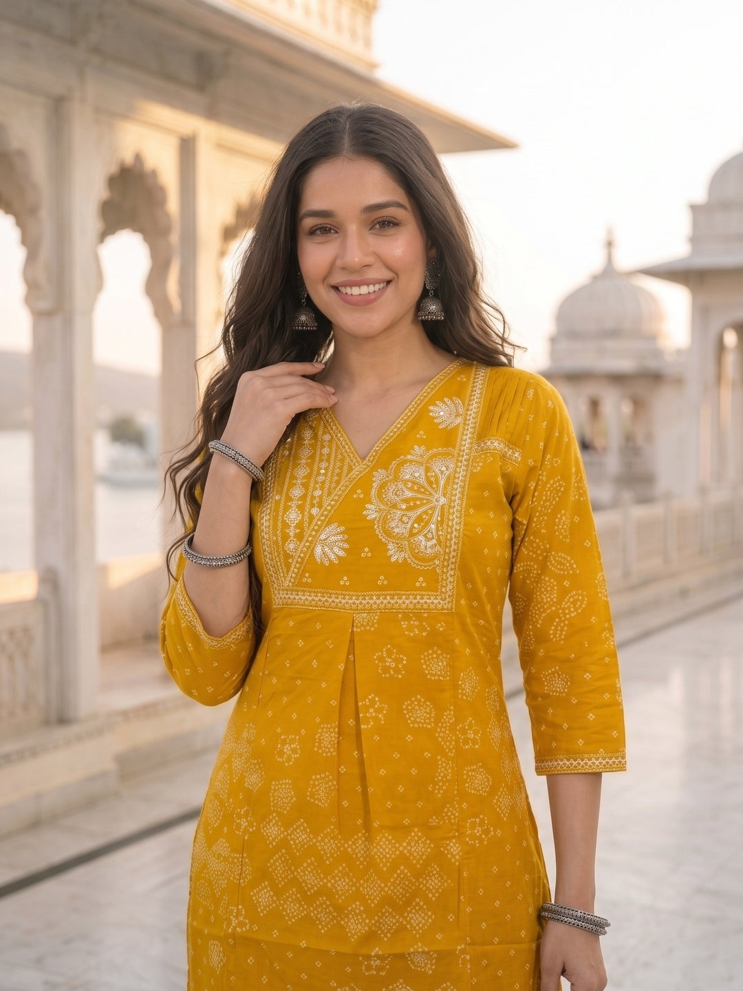 Mustard Cotton Bandhani Print Embroidered Kurta Set with Pyjamas & Dupatta