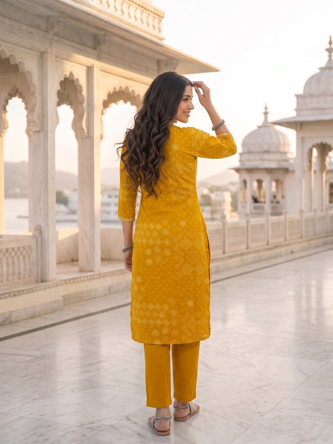 Mustard Cotton Bandhani Print Embroidered Kurta Set with Pyjamas & Dupatta