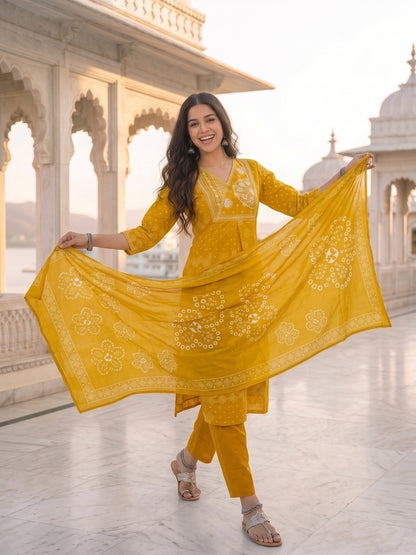 Mustard Cotton Bandhani Print Embroidered Kurta Set with Pyjamas & Dupatta