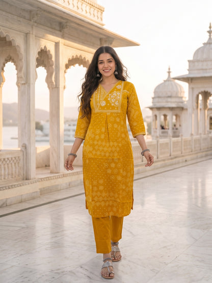 Mustard Cotton Bandhani Print Embroidered Kurta Set with Pyjamas & Dupatta